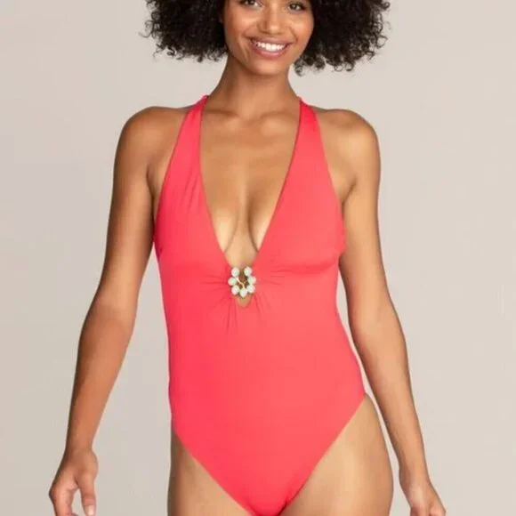 💕TRINA TURK💕 Bijou Solids V-Plunge Plus One Piece Swimsuit Poppy Coral 20W